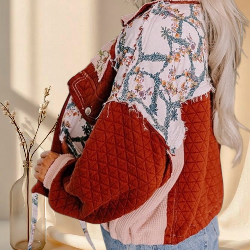 POL Quilted Patchwork Jacket Burgundy Floral Boho Cottagecore Zip Jacket - Picture 8 of 9